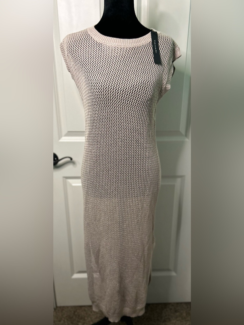 Tahari Open Knit Maxi Dress Beige Sleeveless Crochet Mesh Swim Cover Up NWT Med